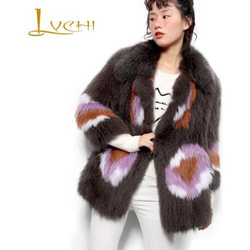 LVCHI 2019 New Knitted Thick Warm Fur Medium Fashion Suit Collar Fox fur coat Real fox furs Womens coats