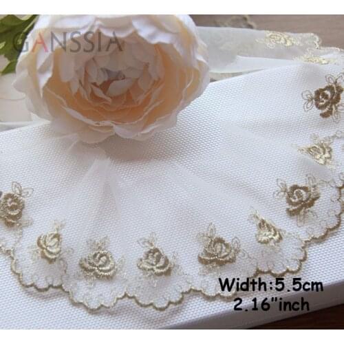 1yrd/lot Width:5.5cm Golden rose design lace, Embroidered trim ivory white mesh lace,cute design lace for diy(ss-490)