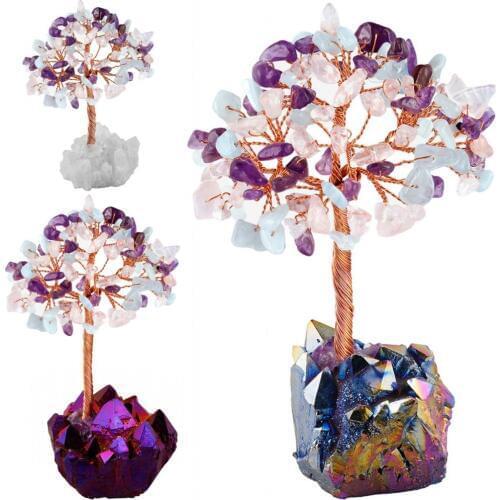 4.5 Inches Natural Multicolor Crystal Money Tree,Reiki Titanium Coated Rainbow Crystal Cluster Base Bonsai Sculpture Figurine