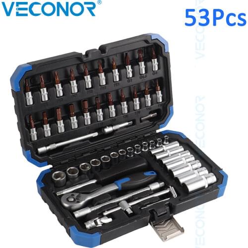 53Pcs Ratchet Socket Wrench Tools Set 1/4" Drive Socket Screwdriver Bit Household Universal Sockets Set with Blow Case