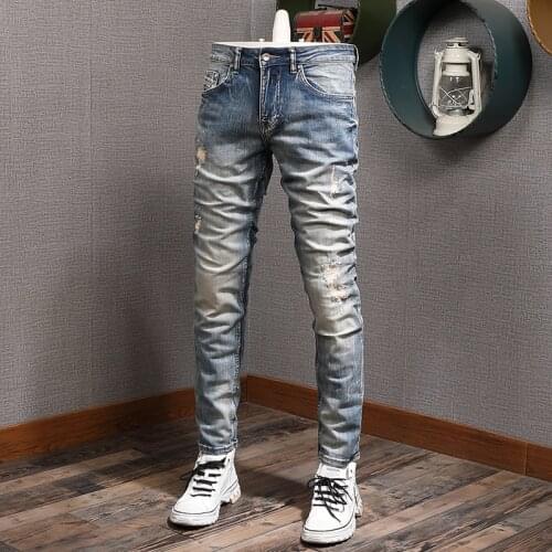 European Street Fashion Men Jeans Retro Blue Elastic Slim Fit Ripped Jeans Men Destroyed Patchwork Designer Vintage Denim Pants