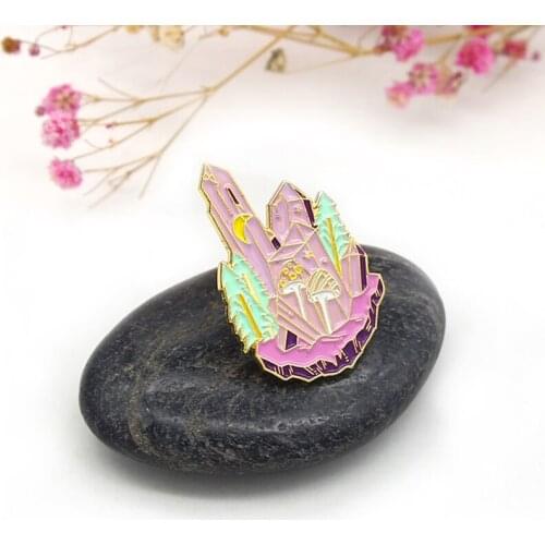 Pink Crystal forest Enamel Brooch Tree mushroom Crystal Cluster Lapel Pin Crystal Castle Bags Custom Badge Halloween Gift