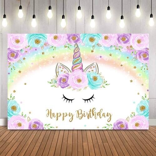 Unicorn floral backdrop rainbow unicorn theme background for photo studio girl watercolor flowers unicorn theme party decoration