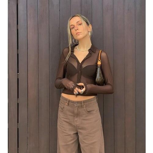 Футболка summer T-shirt 2021 chocolate y2k Net yarn transparent mesh top perspective sexy mature shirt футболка женский