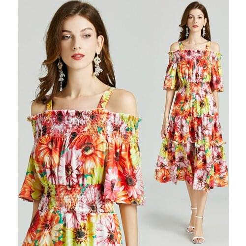 Summer Womens Temperament off-Shoulder Elastic-Waist Slim-Fit Big Hem A- line Sunflower Printed Short-Sleeve Strap Dress