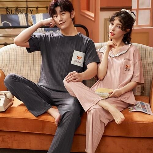SLPBELY Couple Pajamas Set Homewear Summer Cotton Cartoon Bear Sweet Doll Collar Short Sleeve Pyjamas Lover Pijamas Sleepwear