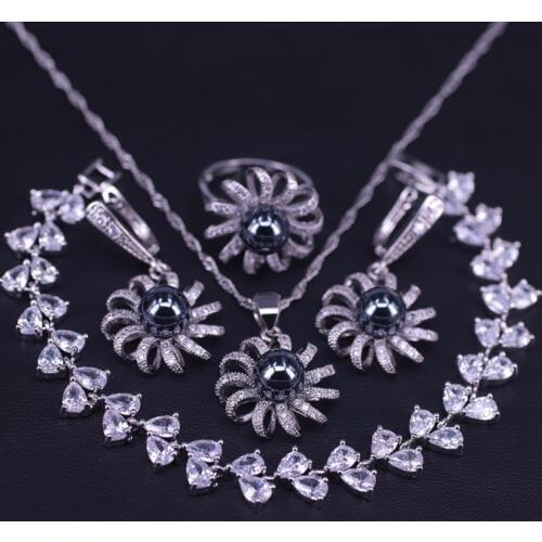 Hot Korea Lase Flower Black Pearl Silver Color Jewelry For Women Earring Ring Necklace Leaf Bracelet Set Fast Shipping