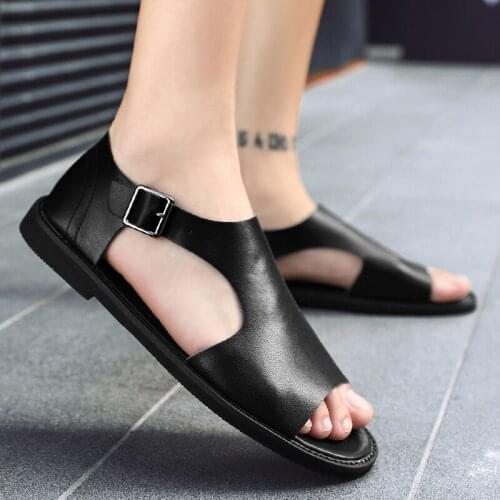 Summer Casual Shoes Mens Leather Casual Shoes Men Zapatos Informales De Hombre Sandals Man Beach Black White Genuine 2020