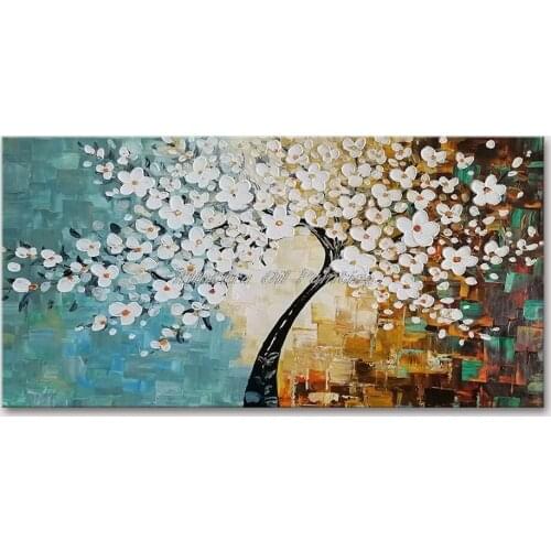 Mintura Wall Picture for Living Room Oil Paintings on Canvas Hand Painted Trees With White and Red Flowers Hotel Decor No Frame