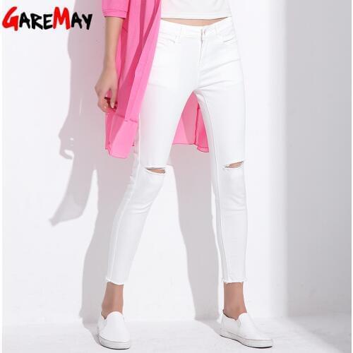 Stretch Jeans Femme Denim Capri Ripped Jeans For Women 2020 Spring Woman Blue Destroyed Jeans Feminino Pencil Pantalon GAREMAY