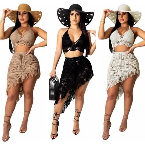 2020 New crochet 2PCS/SET Beach cover up sexy women crop top+irregular tassel mini skirts bikini swimsuit bathing suit cover ups
