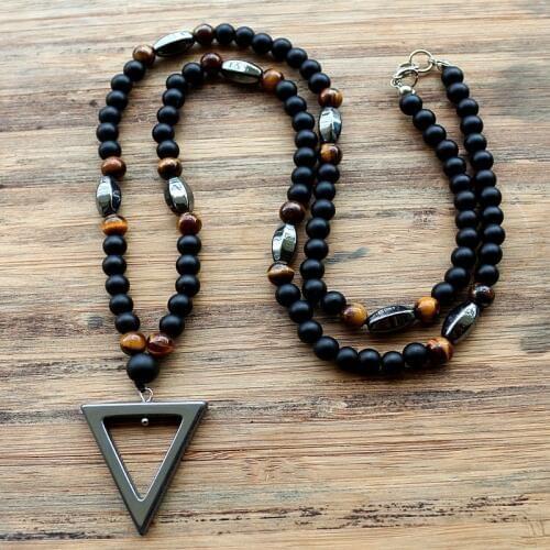 New Design 6MM Tiger stone bead Black Mens Hematite triangle pendants Necklace Fashion Jewelry