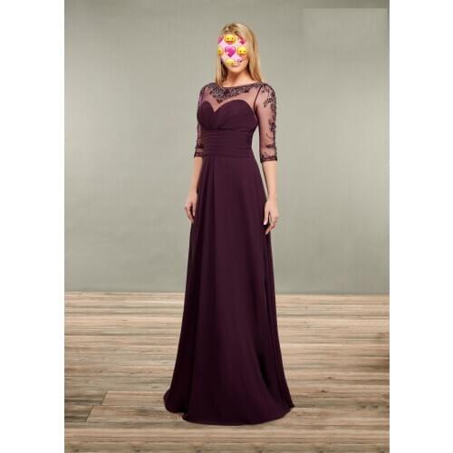 Illusion Sleeve Mother of the Bride Dresses 2020 Appliques Beading vestido de festa Purple Evening Dress for Wedding Party