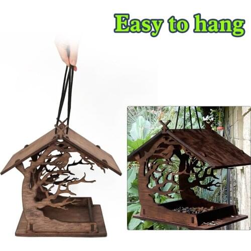 Garden Yard Durable Wooden Hanging Bird Feeder House Food Case Pet Supplies House Shape Wooden Bird Feeder House Cage