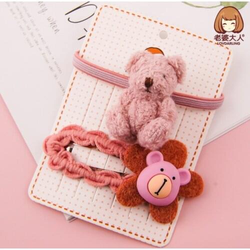 Cute Handmade Korean Bear Doll Cartoon Plush Hair Ring Hairpin Combination Girls' Hair Accessories Set