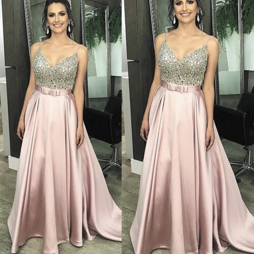 SuperKimJo Beaded Prom Dresses Long 2020 Pink V Neck Satin Elegant Modest Prom Gown Vestidos De Graduacion Largos 2019