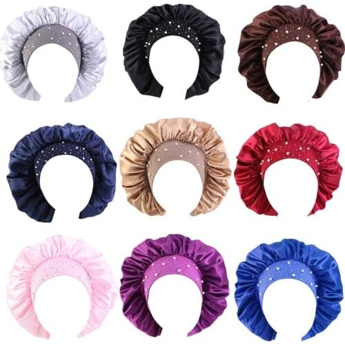 Q1QA Women Satin Extra Large Bonnet Sleep Cap Shiny Rhinestone Night Hat Head Cover