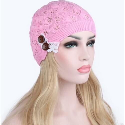 Women Knitted Autumn Winter Warm Turban Hat Button Hollow Out Leaves Lace Cap Female Beanies Hats Spring Knit Caps For Ladies