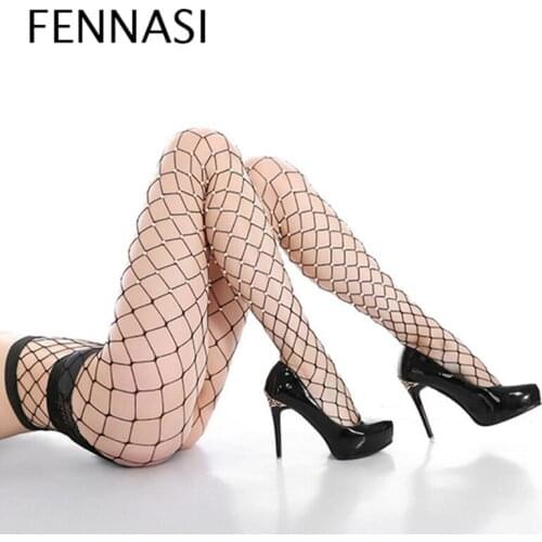 FENNASI Sexy Women Shiny Pearl Fishnet Tights High Waist Black Mesh Pantyhose Mesh Female Erotic NightClub Grid Stockings
