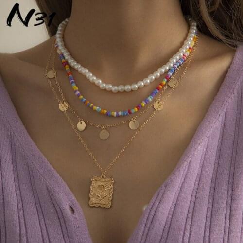 2021 Women Bohemian Ethnic Style Multi-layer Color Bead Strand Beaded Choker Necklace Relief Pendant Imitation Pearl Necklace