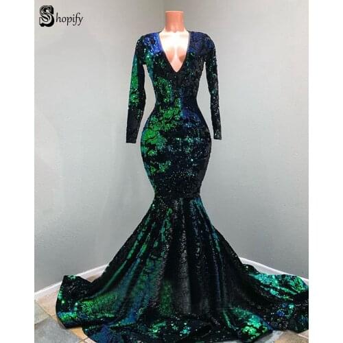Sexy Mermaid Long Sleeve V-neck Sparkly Black And Green Sequin African Girl Graduation Elegant Long Prom Dresses 2020