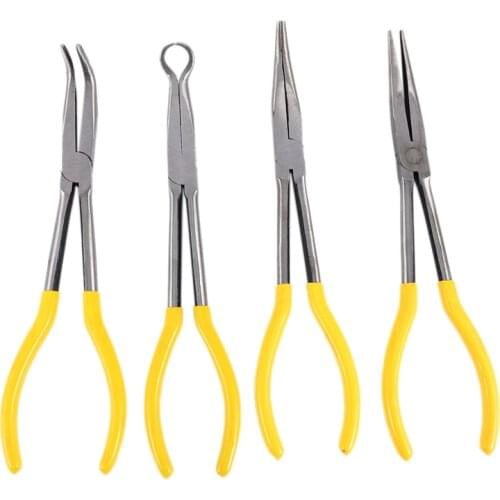 4Pcs 11 Inch Extra Long Nose Pliers Set Straight Bent Tip Mechanic Equipment Hand Tools