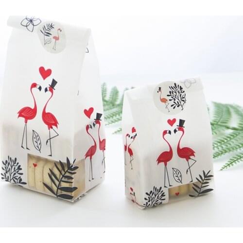 50pcs Flamingo Plastic Gift Bags Candy Cookie Bread Nuts Bag with Seal Stickers for Biscuits Snack Baking Packaging Party Favors