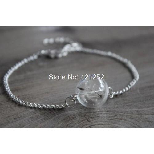 8pcs/lot REAL DANDELION bracelet- delicate blown glass lense with real dandelion seeds in Silver and silver chain
