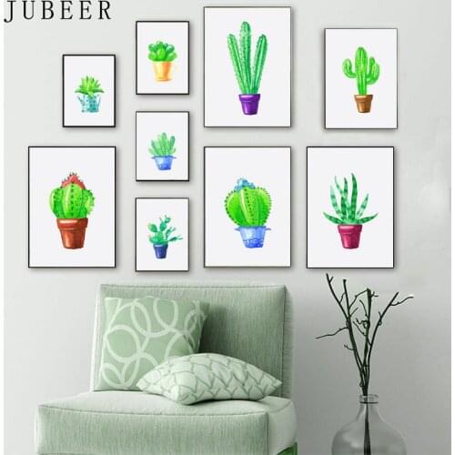 Watercolor Cactus Posters Picture Green Potted Plants Wall Art Canvas Painting Posters and Prints Living Room Decorative Picture