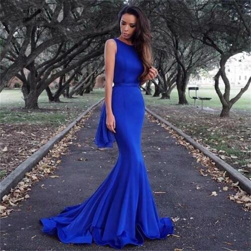 China Royal Blue Backless Sleeveless Floor Length Mermaid Satin Evening Dresses Bow Accessory Mermaid Prom Evening Gowns