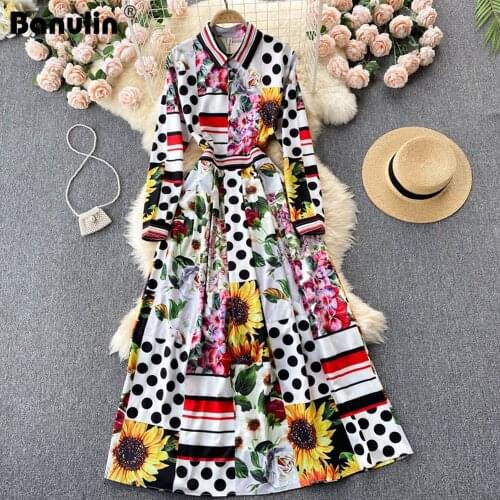Banulin 2021 Runway Spring Autumn Long Vacation Dress Women Slim Vintage Dots Floral Print Long Sleeve Elegant Party Dress