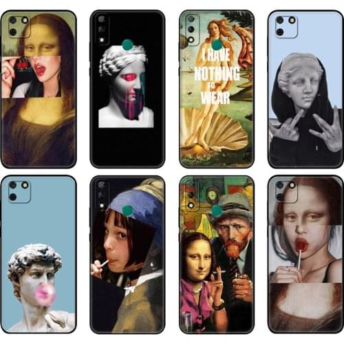 Black tpu Case For Huawei Y9S Y6S Y8S Y5P Y7P Y8P Case For Huawei Y5 lite Prime 2018 Y6 2019 Cover Mona Lisa Art David lines