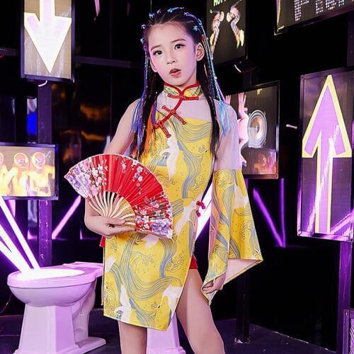 Girls Jazz Dress Chinese Style Hiphop Suit Children Street Dance Performance Costume Kids Catwalk Show Yellow Cheongsam DQL2430