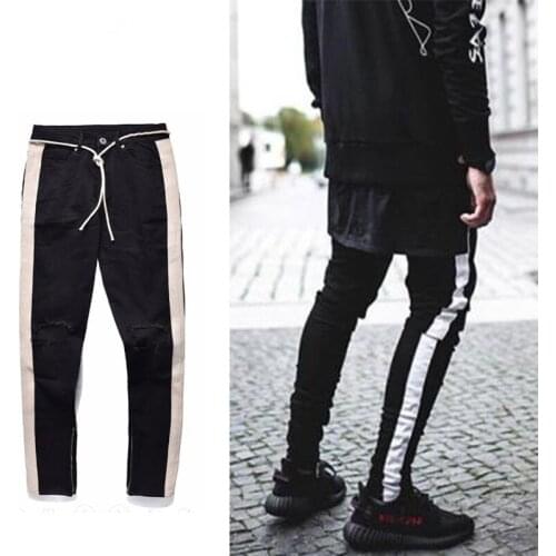 Men Slim fit Fashion Knee Ripped Destroyed Jeans KANYE WEST Streetwear hip hop personality Ankle zipper Biker Skinny Denim Pant