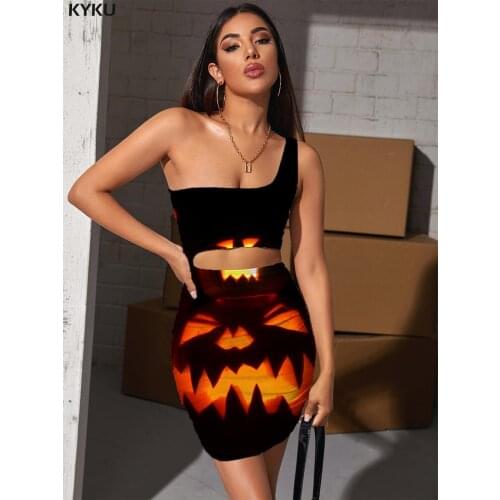 KYKU Brand Halloween Dress Women Pumpkin Bodycon Dress Funny Halter Sleeveless Party Hollow out Dresses Womens Clothing