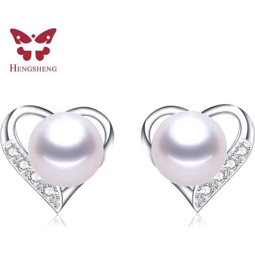 HENGSHENG 8-9mm Natural Fresh Water Pearl Heart Shaped With Drill Earrings 925 Sterling Silver Fine Jewelry For Women Gift