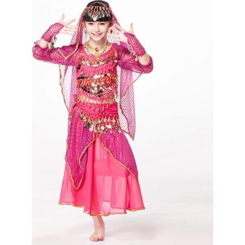 Indian Dresses Sari Children Dance Wear 5-piece Set Costume Long Sleeves Coins Belt with Wristbands Kids Belly Dance Costumes