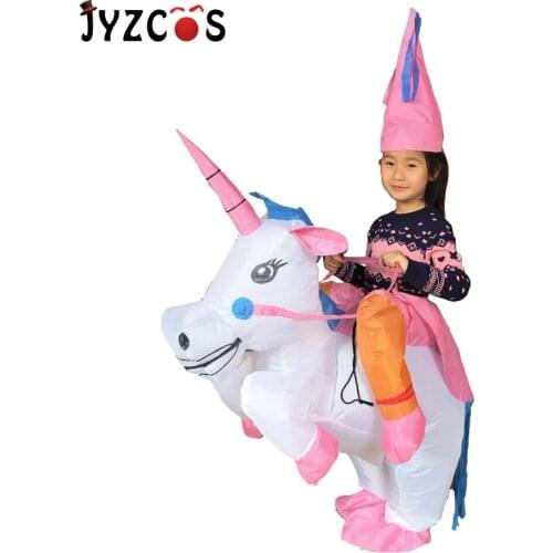 JYZCOS Inflatable Unicorn Costumes for Kids Women Adult Halloween White Pink Pony Rainbow Air Blown Suit Purim Cosplay Suit