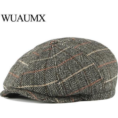 Wuaumx Wool Octagonal Hats Tweed Flat Cabbie Newsboy Caps Men Painters Hats Autumn Winter Beret British Style Herringbone Caps