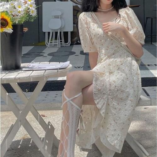 Hstar Sweet Elegant Floral Party Dresses Women Print Puff Sleeve Boho Korea Irregular High Street Vintage Sundresses Summer 2021