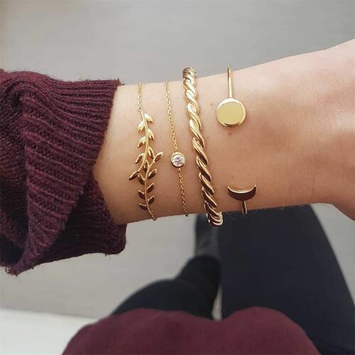 4 Pcs/Set Fashion Gold Bracelets Bangles Leaf Crystal Punk Geometry Open Bracelet Set Women Charm Elegant Jewelry Wholesale