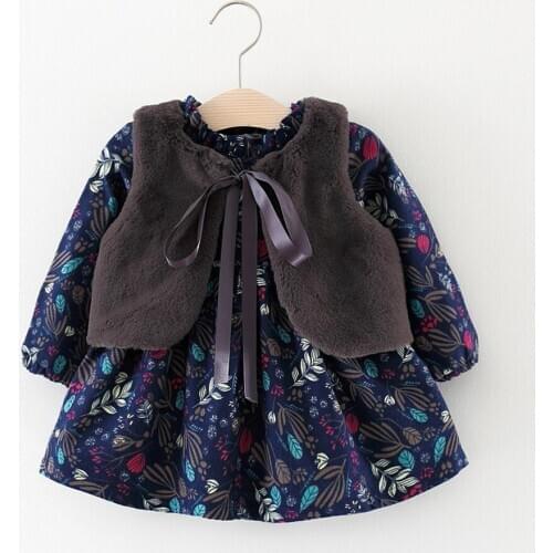 Autumn Winter Girls Fashion Ruffle Thicken Warm Flower Print Long Sleeve Dress Plush Vests 2PCS Set Kids Clothes