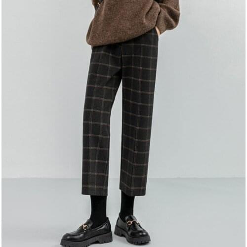 Autumn Winter Women Plaid Plus Size Woolen Straight Trousers Female High Waist Loose England Style Ankle-length Pants
