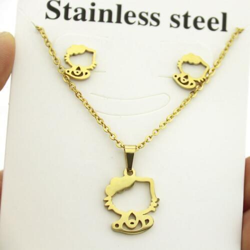 1 Set Stainless Steel Jewelry Set Tiny Kitty Kitten Cat Charms Animal Necklace Earrings Jewellry Set Women Girls Gifts