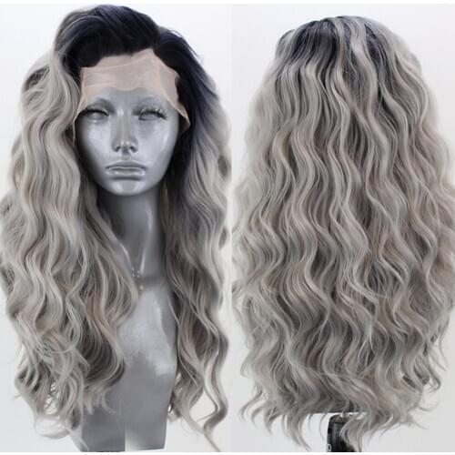 RONGDUOYI Long Two Tone Gray Hair Wig High Temperature Synthetic Lace Front Wigs for Women Ombre Grey Wavy Hair Lace Wig