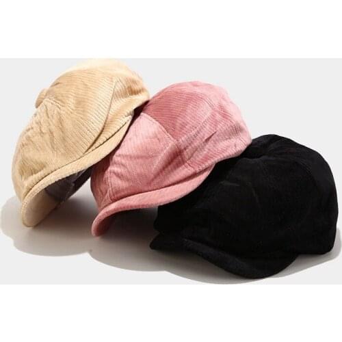 Corduroy Solid Color Buckle Beret Painter Hat Octagonal Hat Women and Girl 03