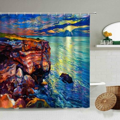 Ocean Landscape Oil Painting Waterproof Shower Curtain Sunrise Sunset Rock Wave Impressionism Art Bathroom With Hook Curtains