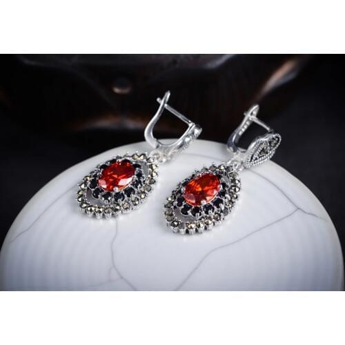 Women Genuine 925natural Color RED STONE DANGLE EARRINGS Brincos Ohrringe SterlingJewelry EarringGenuine Selling Huge