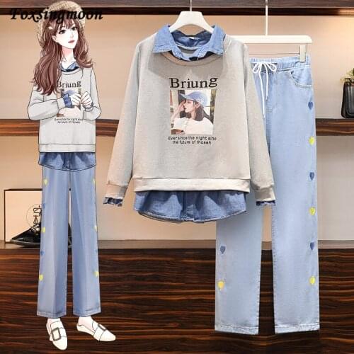 2 Piece Suit Women Set Outfits Long Sleeve Hoodies Sweatshirt Tops + Jeans Long Pants Ladies Casual Harajuku Suit 2021 Autumn