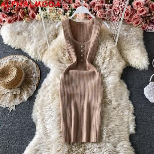 ALPHALMODA 2021 Summer Vintage Button Sleeveless Knitting Buttock Dress Womens Slim Step Dress Sleeveless Stretchy Dress